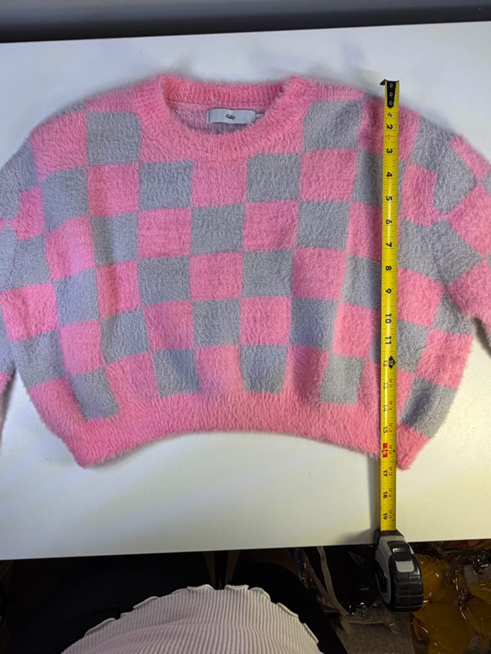 Adika Pink & Gray Checkerboard Crewneck Sweater